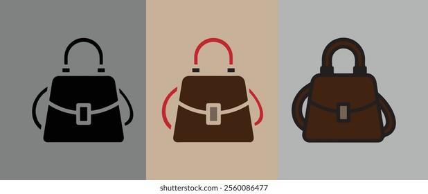 Simple Handbag Icon Set in Black, Brown, and Red