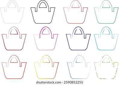 Simple handbag outlines, Minimalist fashion sketches, Colorful tote bag designs, Repeating pattern of purses, Basic line drawing style, Multicolored accessories illustration, Fashion design concept, G