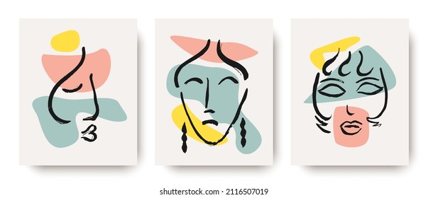 A simple hand-drawn abstract line of a continuous face. Ink drawing with a brush in the style of abstractionism. Color Poster Poster In A Modern Style. Vector Clipart with Illustrations.