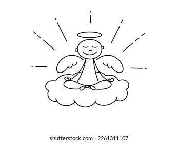Un simple ángel dibujado a mano meditando mientras está sentado en una nube. Ilustración del doodle vectorial.