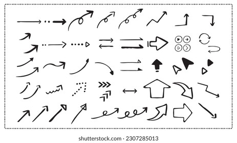 Simple hand-drawn arrows. Vector illustration set.