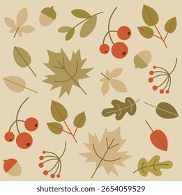 Folhas de outono desenhadas à mão simples e bagas padrão sem costura - vetor vintage mínimo com carvalho, bordo, milho no fundo bege quente