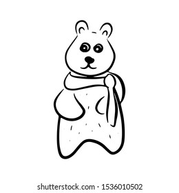 A simple hand-drawn bear stands and look forward. Vector black and white icon. For logo, print, design