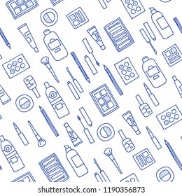 Simple handdrawn beauty products. Blue vector elements on white background. Seamless pattern.