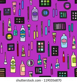 Simple handdrawn beauty products. Colorful vector elements on pink background. Seamless pattern.