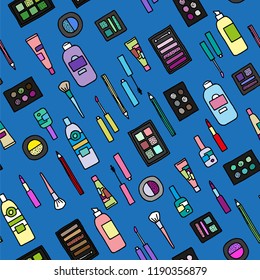 Simple handdrawn beauty products. Colorful vector elements on blue background. Seamless pattern.