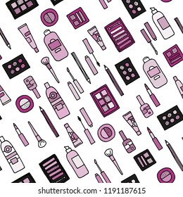 Simple handdrawn beauty products. Vector elements. Seamless pattern.