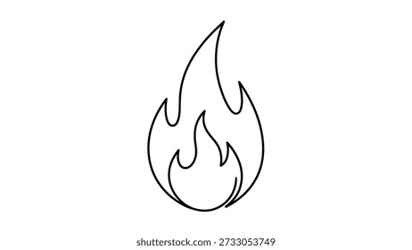 Un contorno negro simple, dibujado a mano de una llama sobre un fondo blanco. Elemento gráfico minimalista y versátil.