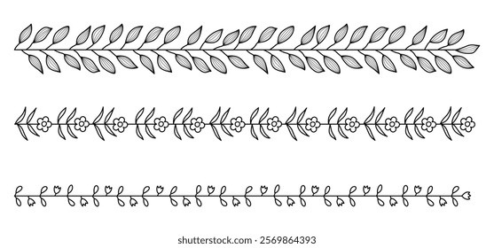 Simple hand-drawn black outline. Horizontal long floral garland. Branch, leaf frame, border. Ink sketch, set.