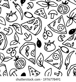 Simple hand-drawn black outline vector seamless pattern. Pizza pieces, olives, mushrooms, tomato, cheese on a white plate. For wrapping paper prints, labels. Street cafe, pizzeria.