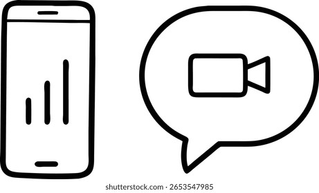 Ein einfaches, handgezeichnetes schwarz-weißes Symbolset mit einem Smartphone mit Signalbalken und einer Sprechblase mit einem Videokamerasymbol.