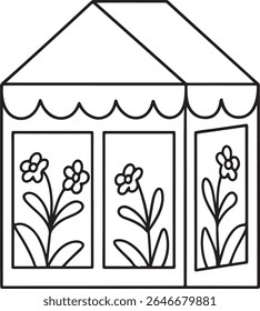 A simple, hand-drawn black and white illustration of a greenhouse with three windows, each containing a stylized flower, isolated on a white background.