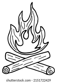 Simple hand-drawn black and white linear clipart of the burning campfire. Cartoon rough vector sketch isolated on transparent background