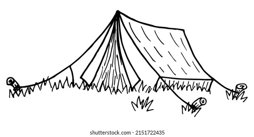 Einfache handgezeichnete, schwarz-weiße Clipkunst des Touristenzeltes. Cartoon-grobe Vektorgrafik einzeln auf transparentem Hintergrund