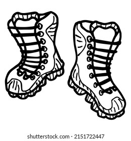 Simple hand-drawn black and white linear clipart of the pair of hiking boots. Cartoon rough vector sketch isolated on transparent background