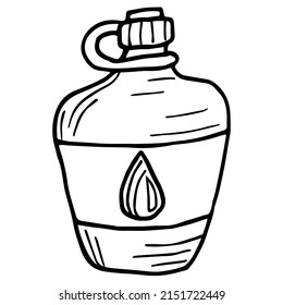 Sencillo clipart lineal blanco y negro del matraz con agua. Esbozo vectorial aproximado de dibujos animados aislado en fondo transparente