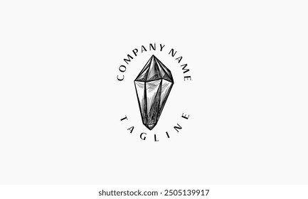 A simple, hand-drawn black and white logo of a crystal, featuring the words "Company Name" and "Tagline" around the crystal in a circle.