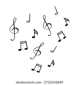 Simple hand-drawn black and white sketch of various musical notes, including treble clefs, quavers, and crotchets. Minimalist graphic ideal for musical education, patterns, and icons.