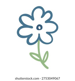 Simple hand-drawn blue flower illustration. Cute doodle with green stem