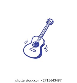 Einfache handgezeichnete blaue Gitarre auf Weiß mit musikalischen Noten
