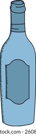 A simple hand-drawn bottle with a blank label in a sketch style. The outlined bottle design features a prominent label area and subtle shading. Cartoon vector illustration.