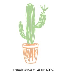A simple hand-drawn cactus in a decorative pot, featuring clean lines and soft pastel colors. Perfect for minimalist interior design, home decoration, and botanical art projects.