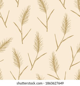 Simple hand-drawn calm floral vector seamless pattern in pastel colors. Panicle inflorescences, pampas grass, reeds on a light pink background. For prints of fabric, wallpaper, textile products.