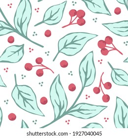 Sencillo vector floral calmado a mano sin fisuras. Hojas azules, ramas, bayas rojas sobre un fondo blanco. Para impresiones de tela, productos textiles, papel.