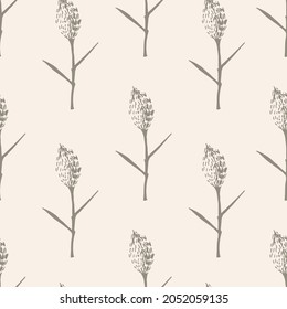 Simple hand-drawn calm floral vector seamless pattern in pastel colors. Panicle inflorescences, pampas grass, reeds on a light background. For prints of fabric, wallpaper, textile products.