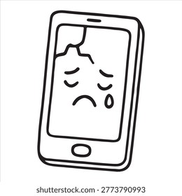 A simple hand-drawn cartoon depicts a cracked smartphone screen with a sad face and tear, conveying a sense of technological woe or broken device emotions.
