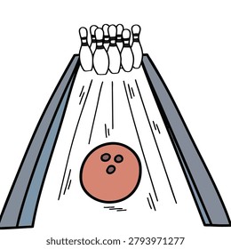 A simple hand-drawn cartoon style illustration featuring a red bowling ball moving along a wooden lane toward a full set of white bowling pins.