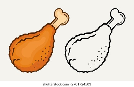 Simple drumstick de pollo dibujado a mano con el contorno y el color. Perfecto para diseños de comida, menús, carteles y proyectos digitales