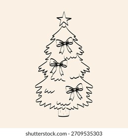 Simple hand-drawn Christmas tree with bows and star on top decorated for the holiday season