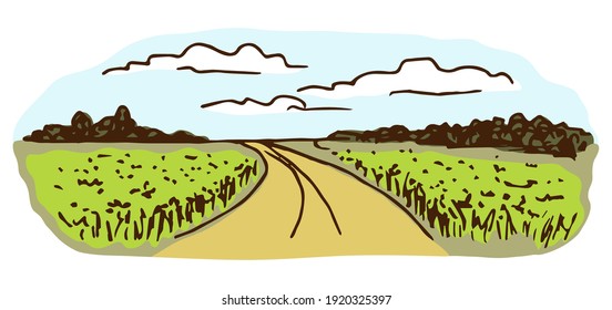 Simple hand-drawn color vector drawing. Rural panoramic landscape, road, field, clouds in the sky, trees on the horizon. For labels, packaging. Village, nature.