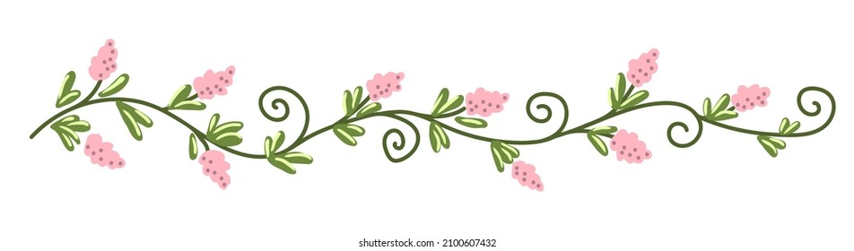 Simple ilustración de vector de color dibujada a mano. Banner floral largo, garland, flores rosadas, ramas verdes, hojas. Borde para el diseño estacional de primavera.