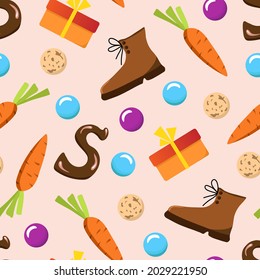 Simple hand-drawn colored vector seamless pattern. Celebration of St. Nicholas Day, Sinterklaas. For printing wrapping paper, gifts, textiles.