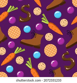 Simple hand-drawn colored vector seamless pattern. Celebration of St. Nicholas Day, Sinterklaas. For printing wrapping paper, gifts, textiles. Dark background.