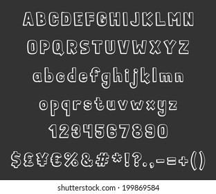 Simple hand-drawn comic font with currency and special symbols. Vector graphics set.