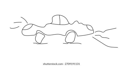 A simple, hand-drawn continuous line art sketch of a car in motion. The minimalist black outline drawing on a white background depicts a vehicle with exhaust fumes and speed lines.