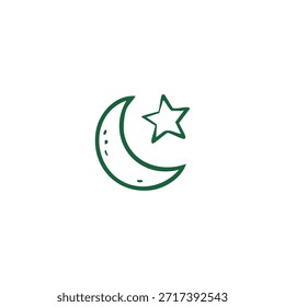 A simple hand-drawn crescent moon and star icon in green against a white background.