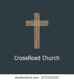 Un diseño de cruz simple, dibujado a mano con el texto 'Iglesia de Cross Road' debajo, sobre un fondo oscuro texturizado
