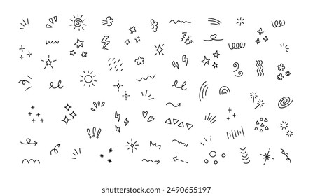 simple hand-drawn decorative illustrations with sparkles, stars, hearts, speech balloons, arrows, flowers, emphasis icons