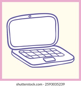 Einfache handgezeichnete digitale Illustration eines Laptops mit violettem Umriss, mit Tastatur und Bildschirm, auf hellem Hintergrund eingestellt, Vektorgrafik