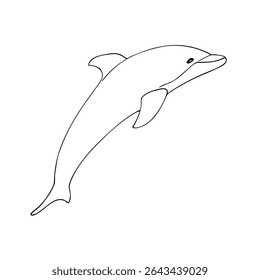 Simple hand-drawn dolphin in black outline. Minimal marine illustration, perfect for kids coloring pages, educational materials, stickers, or ocean-themed projects.