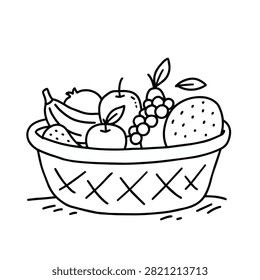 A simple hand-drawn doodle of a basket filled with various fruits including bananas, apples, grapes, and citrus, isolated on a white background.