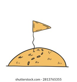 A simple hand-drawn doodle showing a triangular yellow flag on a thin pole standing atop a curved mound or hill with decorative marks.