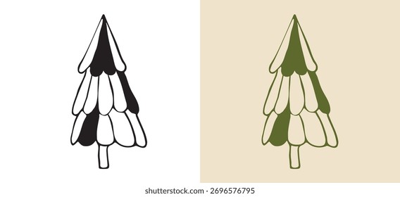 Simples desenho à mão doodle estilo ilustração vetor de um pinheiro em camadas ou árvore de abeto. Perfeito para feriados de inverno, cartões de felicitações sazonais, decorações e projetos de design gráfico.