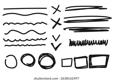 Simple handdrawn doodle wavy lines, cross marks. Doodles circles, checkmarks, squares