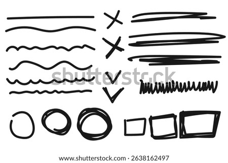 Simple handdrawn doodle wavy lines, cross marks. Doodles circles, checkmarks, squares