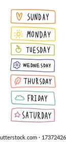 Simple hand-drawn doodles of the days of the week. Sunday, Monday, Tuesday, Wednesday, Thursday, Friday, Saturday. Header. Entries in the diary for printing, cut out of paper, paste in the diary.